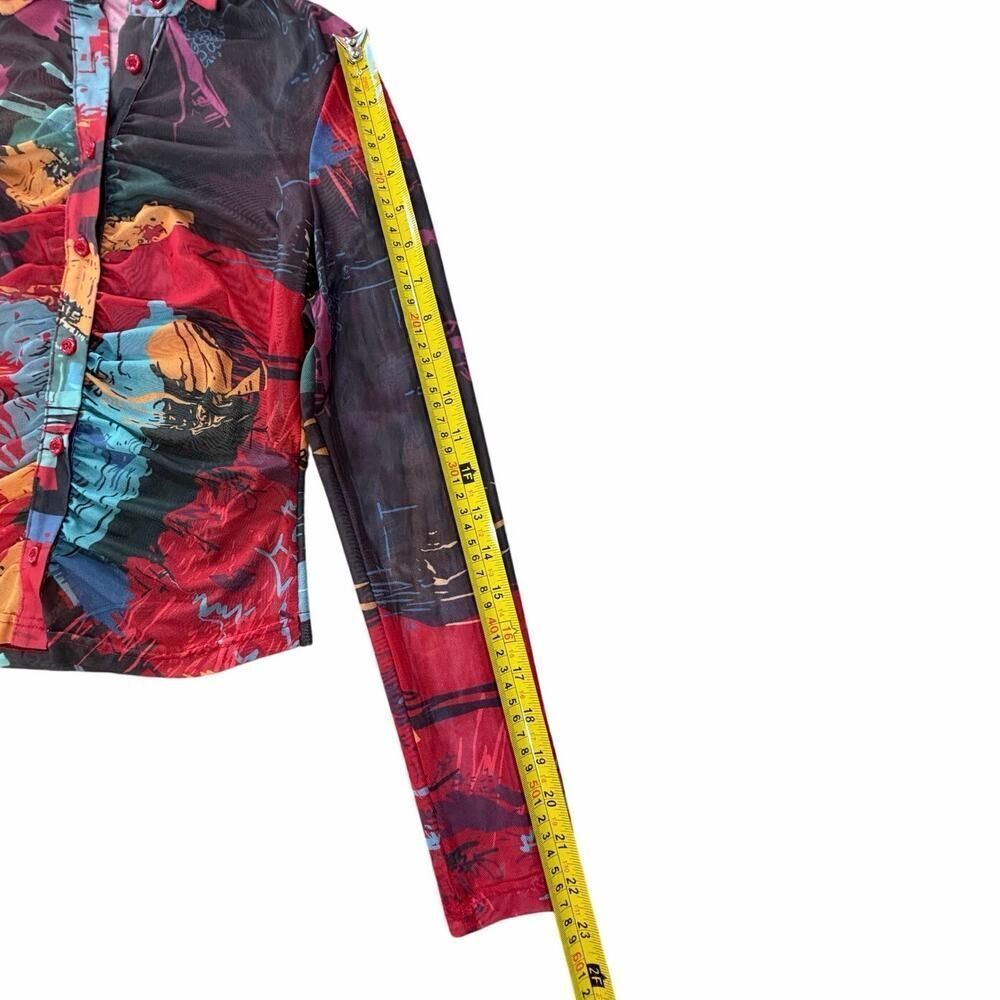 Abstract Y2K Art to Wear Colorful Vibrant Artsy Ruched Button Up Blouse Women XS - Picture 10 of 11